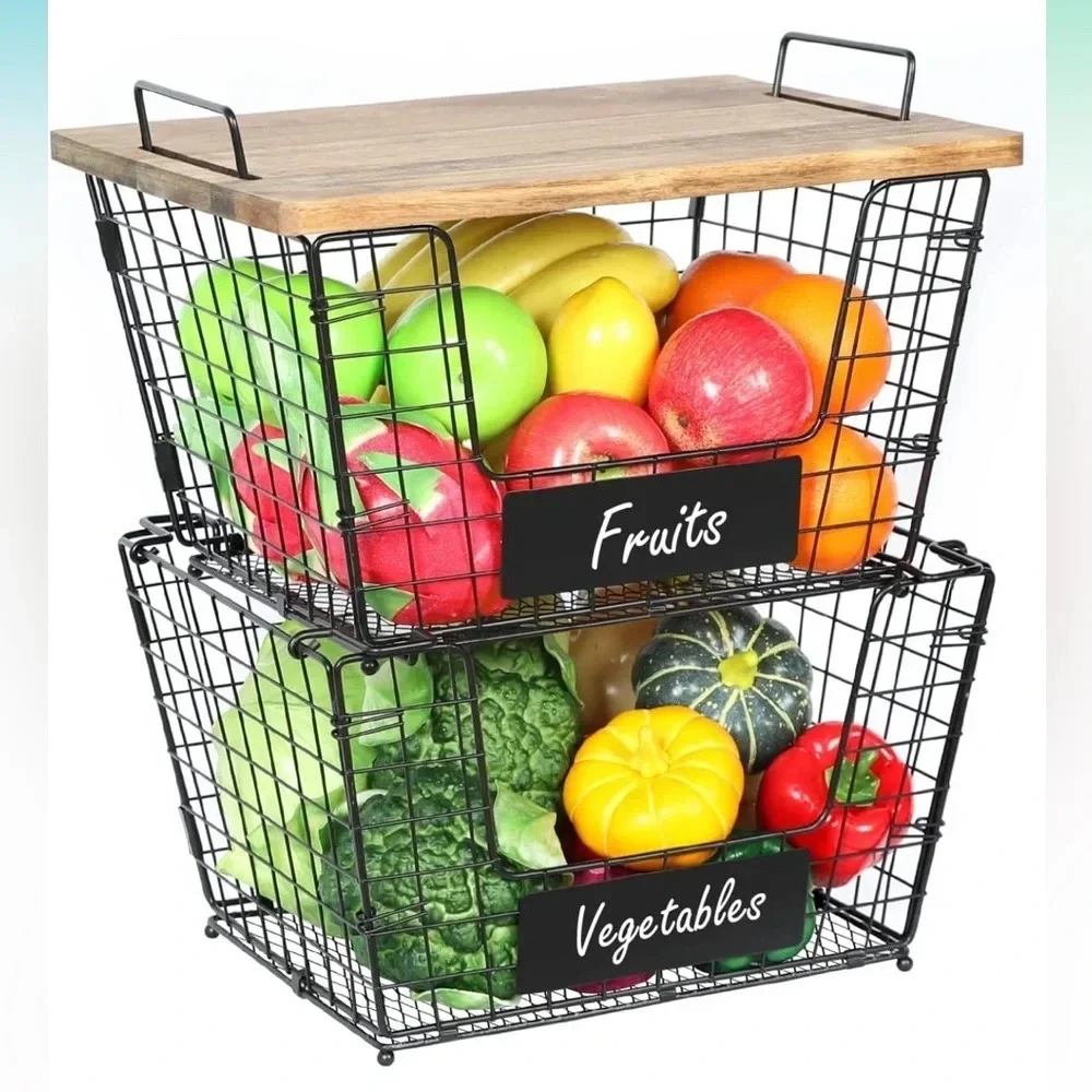 NIB 2 Stackable Wire Storage Baskets with Wood Lid and Chalkboards